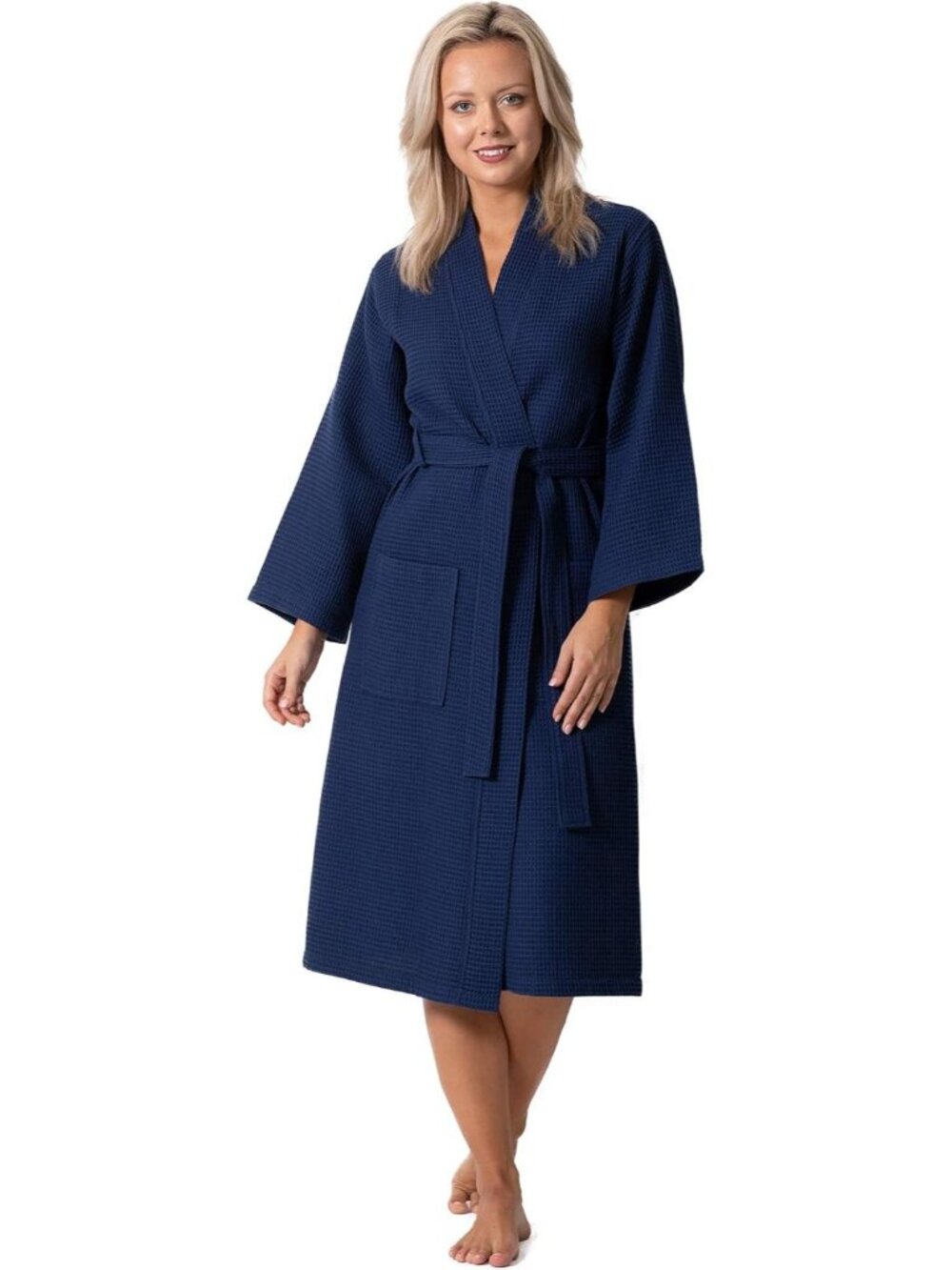 〽️Women's Bathrobe Navy Waffle Knit Long Sleeves Kimono Spa Quick Dry Soft Robe